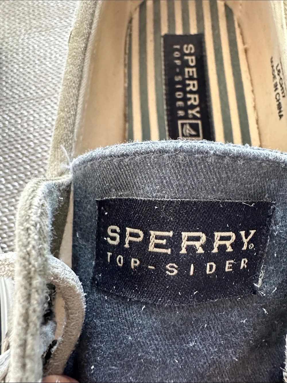 Sperry Two-Tone Canvas Boat Shoes in Navy and olive green